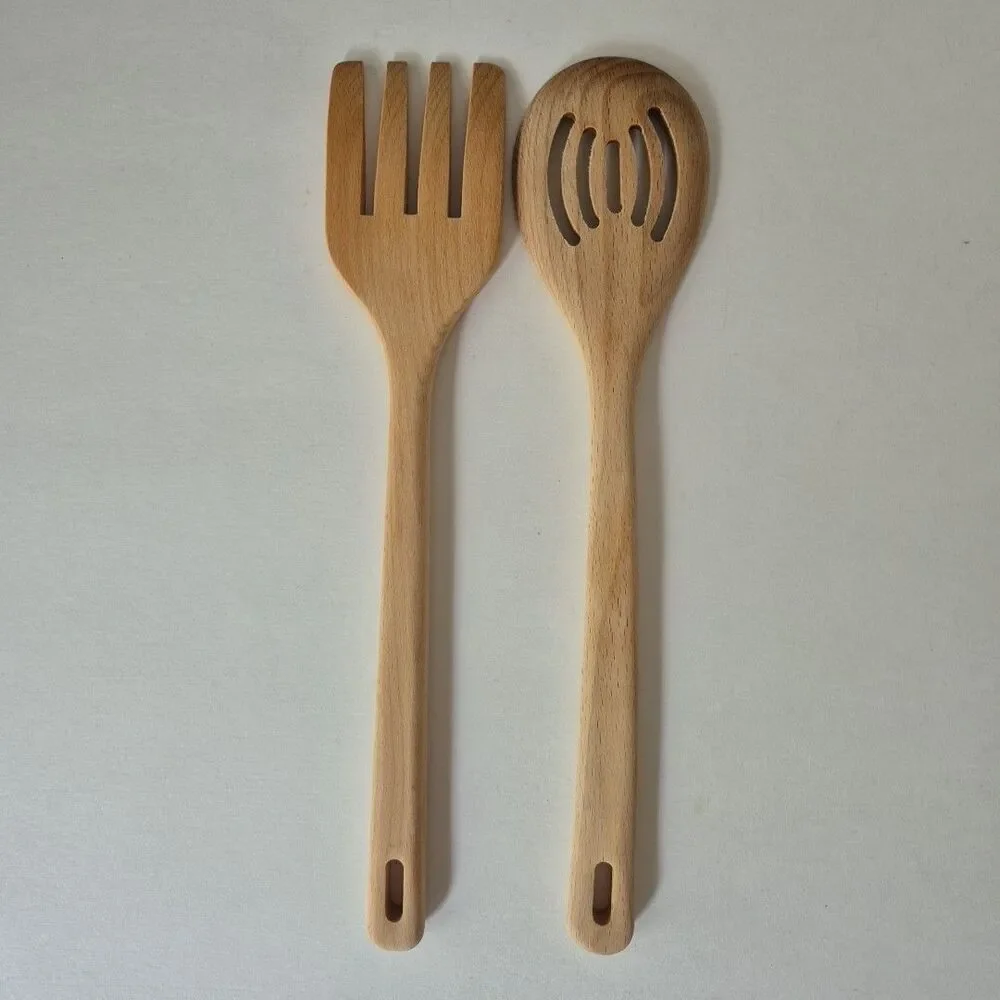Bisetti Natural Wood Slotted Spoon and Fork Set Kitchen Utensils 13 IN Italy